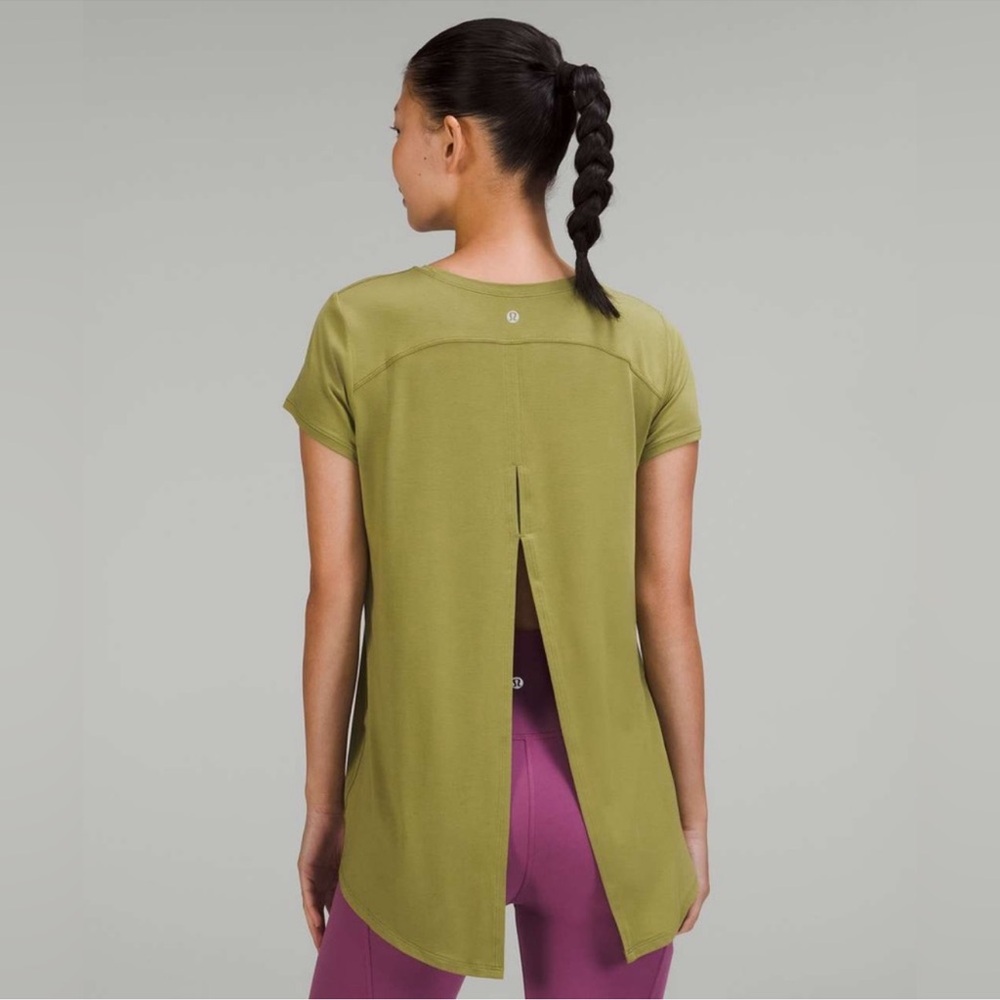 LULULEMON OPEN BACK MODAL SILK BLEND GREEN TIE BACK TEE